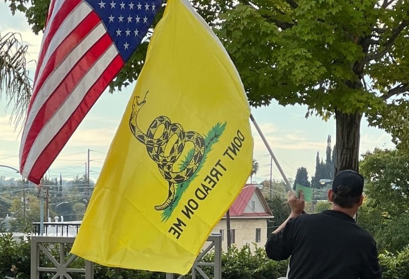 Man carrying US flag upside-down and Gadsden Flag