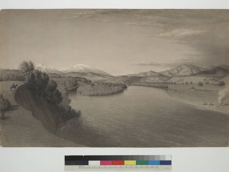 sepia colored drawing of Redding's Sacramento River before development