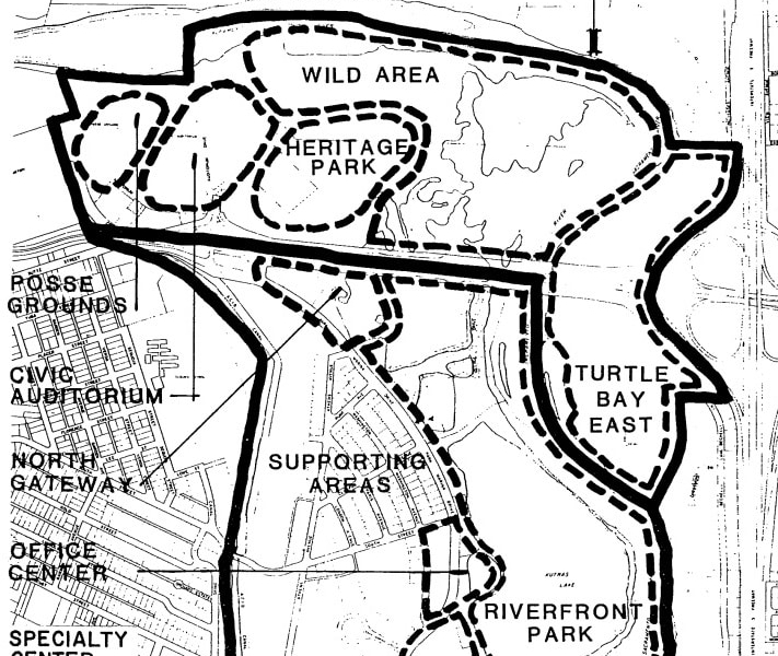 black and white planning map showing Redding's riverfront area