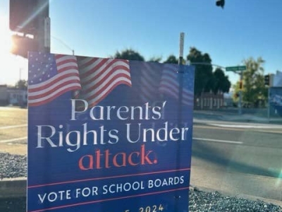 Campaign sign that reads "Parents' Rights Under attack," urging people to vote in the school board election on November 5. Photo by Annelise Pierce.